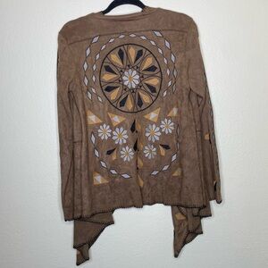 Tasha Polizzi Tan Brown Embroidered Suede-Look Draped Cardigan